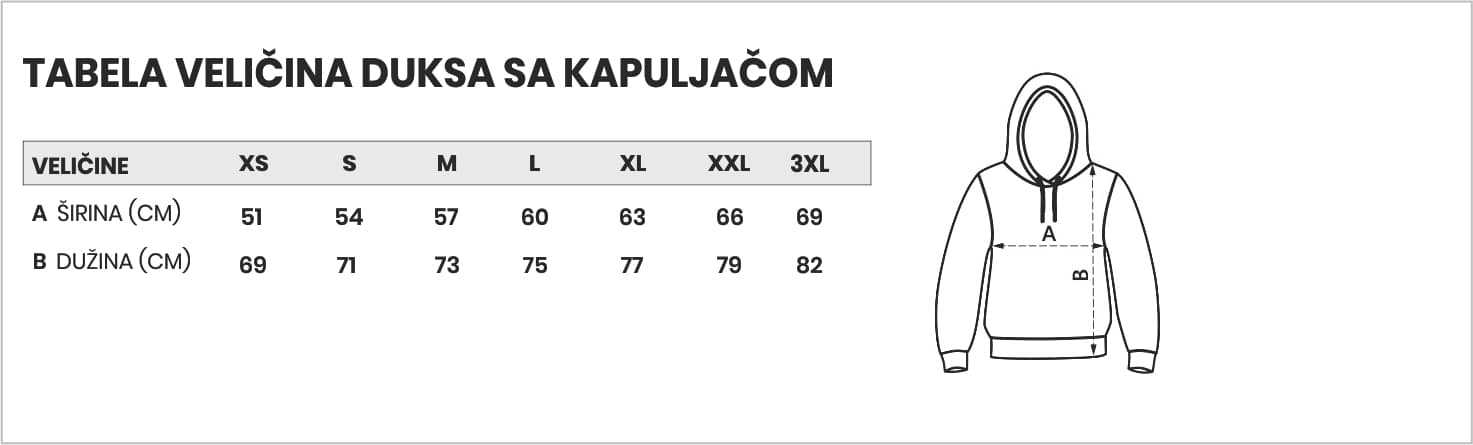 tabela veličina za standard dukseve sa kapuljačom